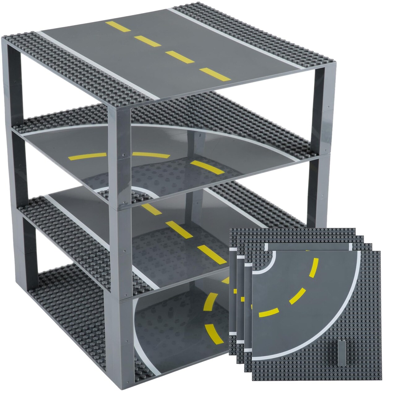 Strictly Briks Building Blocks Road Plates 10" x 10", 4 Pack City Road Classic Baseplates for Highway Bridge, Street, Race Track, Compatible with All Major Brands (2 Straight, 2 Curved, 30 Stackers)